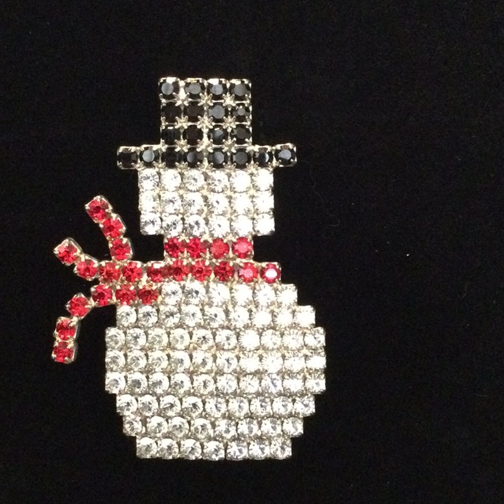 Unbranded Clear/Red/Black Rhinestone Snowman Brooch